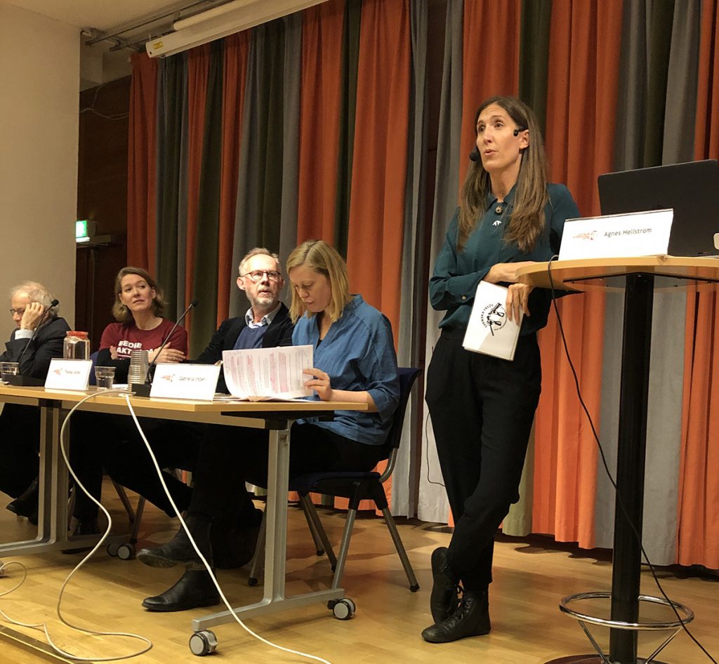 Seminarium om kärnvapennedrustning, januari 2020. Agnes Hellström modererar.